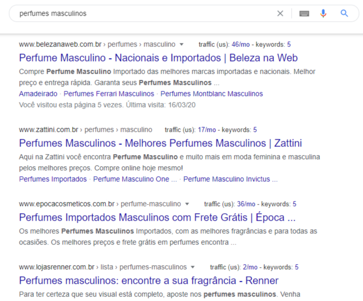 Resultados na primeira página do Google para "perfumes masculinos"